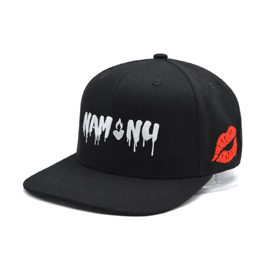 BLACK FITTED HAT WITH WHITE/PINK/RED EMBROIDERED LOGOS