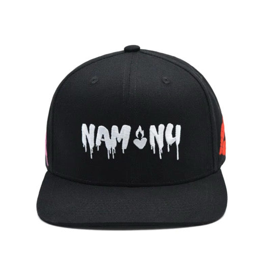 BLACK FITTED HAT WITH WHITE/PINK/RED EMBROIDERED LOGOS