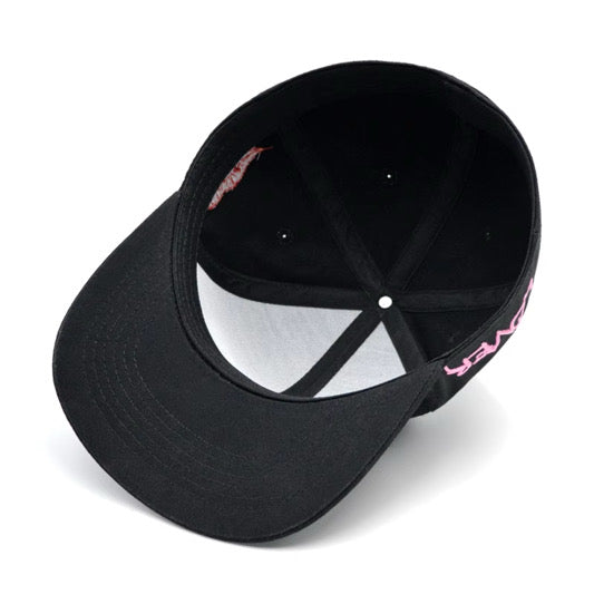 BLACK FITTED HAT WITH WHITE/PINK/RED EMBROIDERED LOGOS