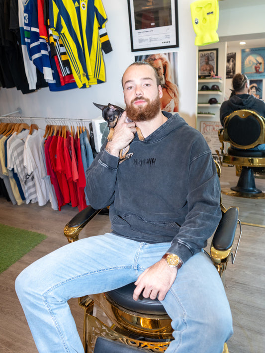 BLACK EMBROIDERED LOGO ACID WASH HOODIE