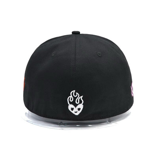 BLACK FITTED HAT WITH WHITE/PINK/RED EMBROIDERED LOGOS