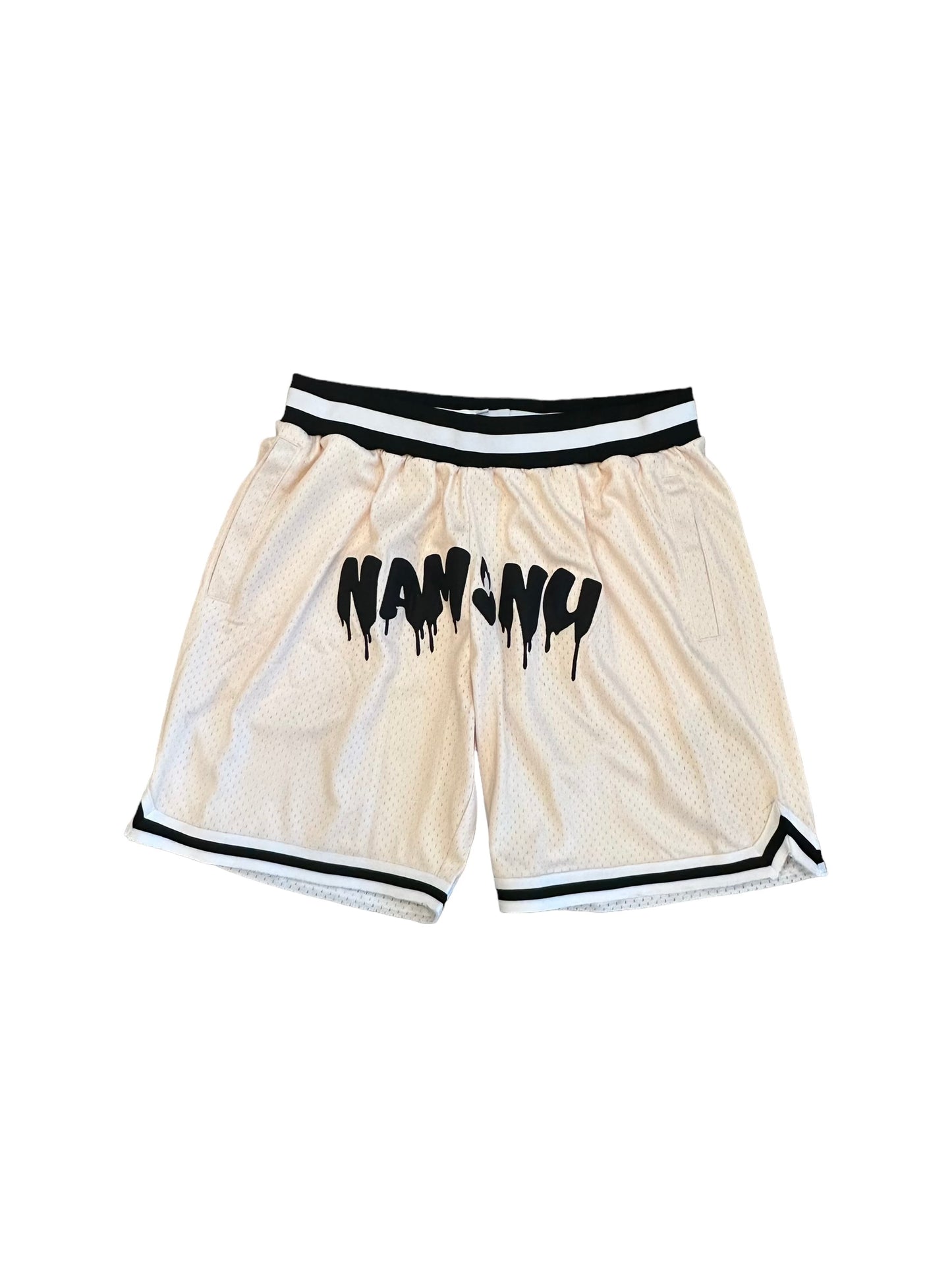 BEIGE EMBROIDERED LOGO MESH SHORTS