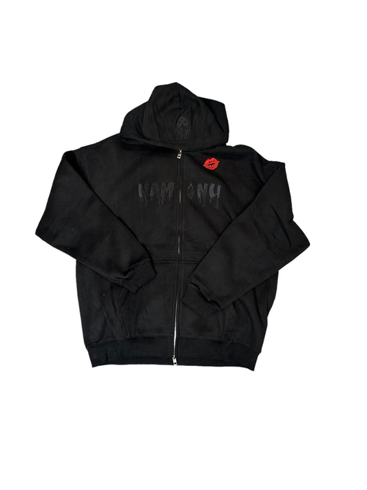 BLACK EMBROIDERED LOGO ZIP UP HOODIE