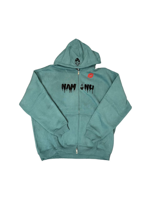 TURQUOISE EMBROIDERED LOGO ZIP UP HOODIE