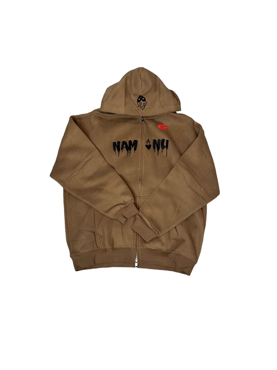 BROWN EMBROIDERED LOGO ZIP UP HOODIE