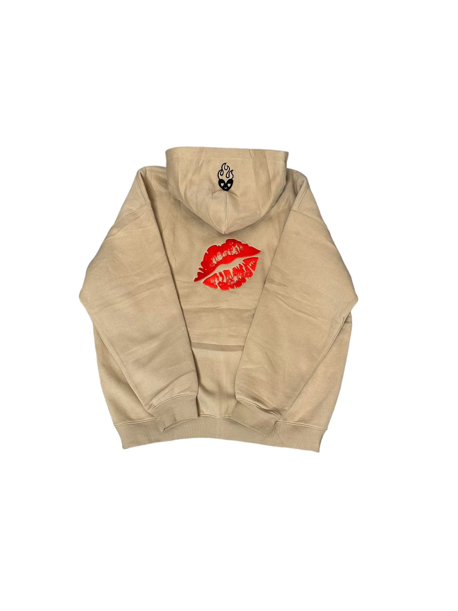 BEIGE EMBROIDERED LOGO ZIP UP HOODIE