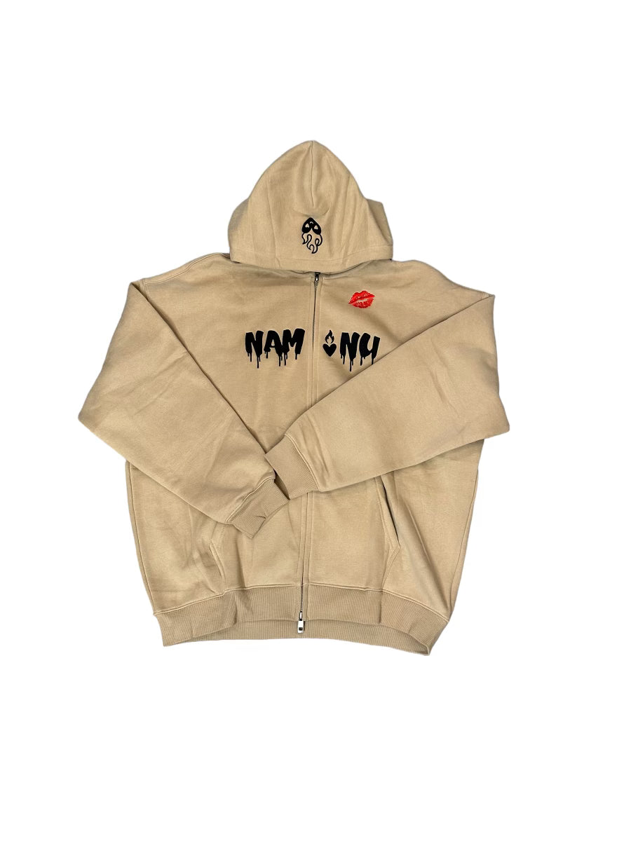 BEIGE EMBROIDERED LOGO ZIP UP HOODIE