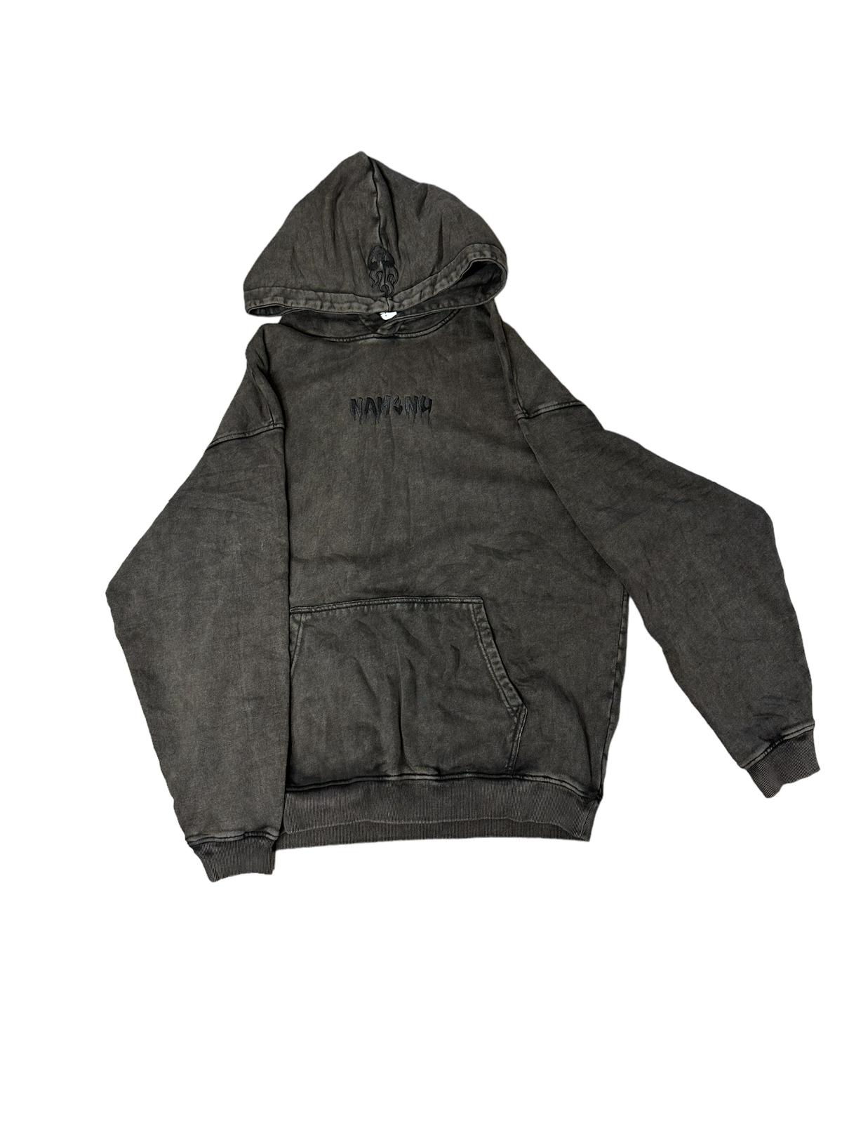 BLACK EMBROIDERED LOGO ACID WASH HOODIE