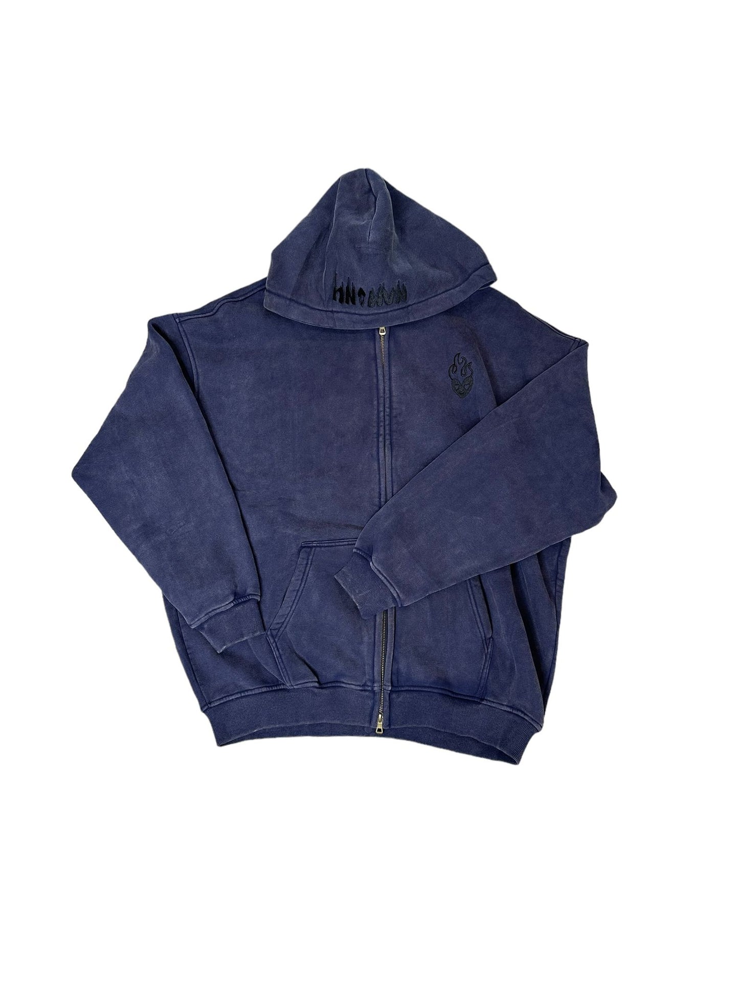 BLUE EMBROIDERED LOGO ACID WASH ZIP-UP HOODIE