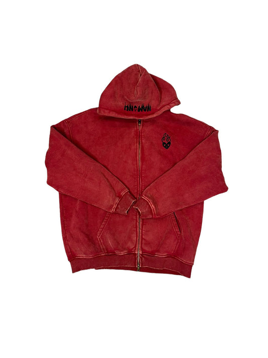 RED EMBROIDERED LOGO ACID WASH ZIP-UP HOODIE