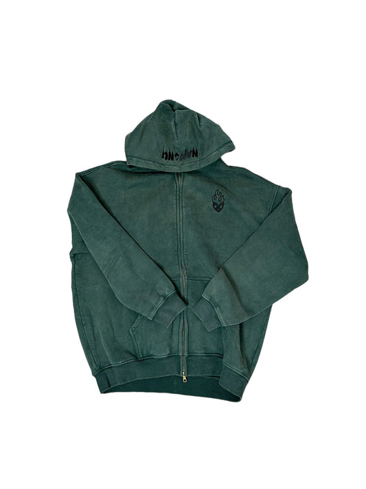 FOREST GREEN EMBROIDERED LOGO ACID WASH ZIP-UP HOODIE