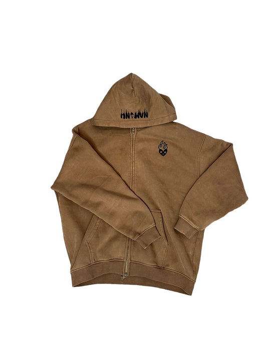 BROWN EMBROIDERED LOGO ACID WASH ZIP-UP HOODIE