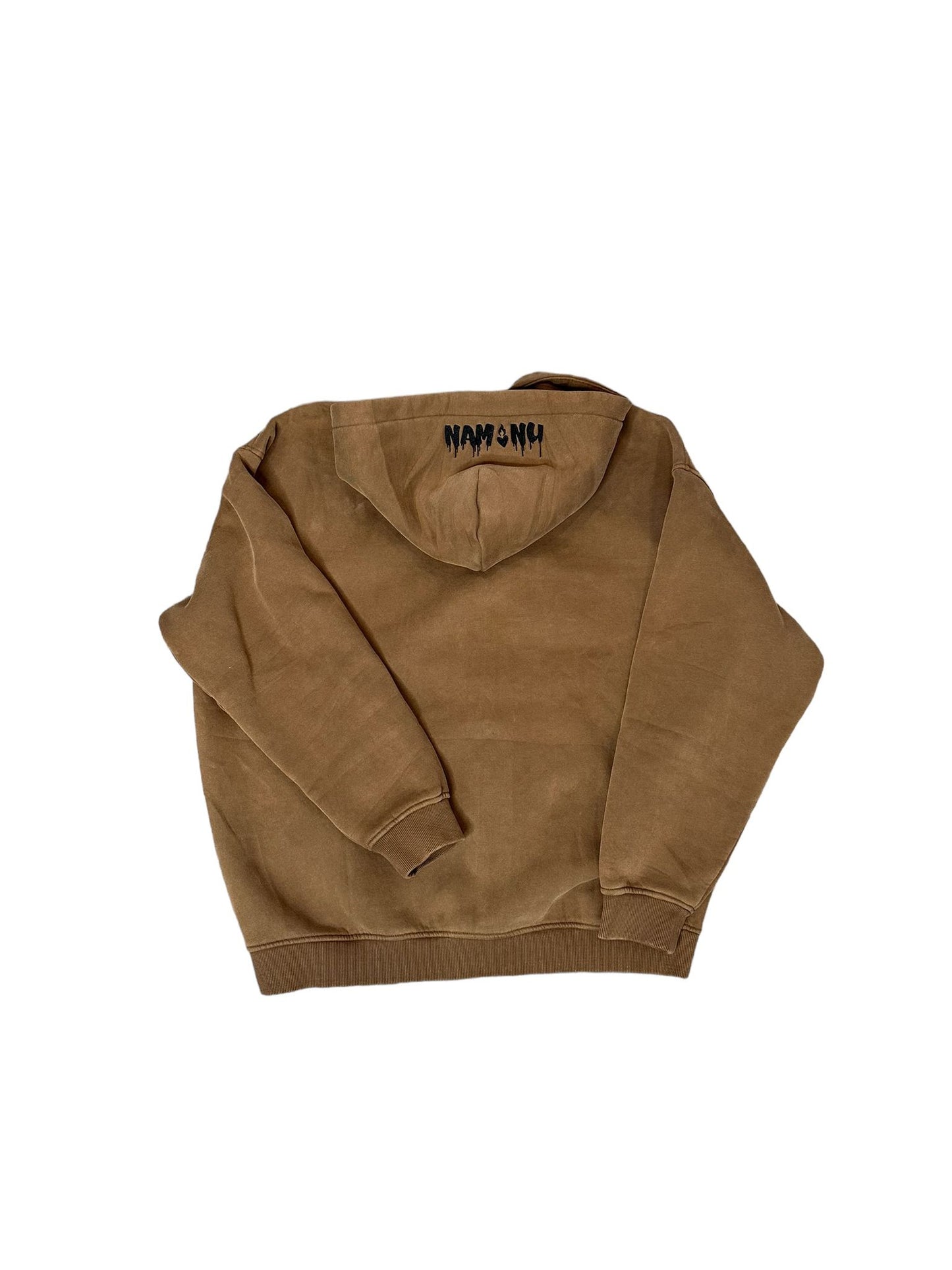 BROWN EMBROIDERED LOGO ACID WASH ZIP-UP HOODIE