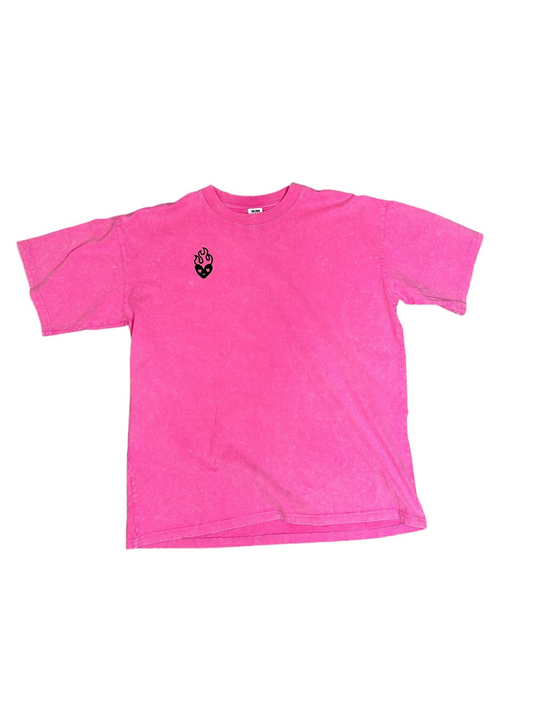 BABY PINK EMBROIDERED LOGO ACID WASH T-SHIRT